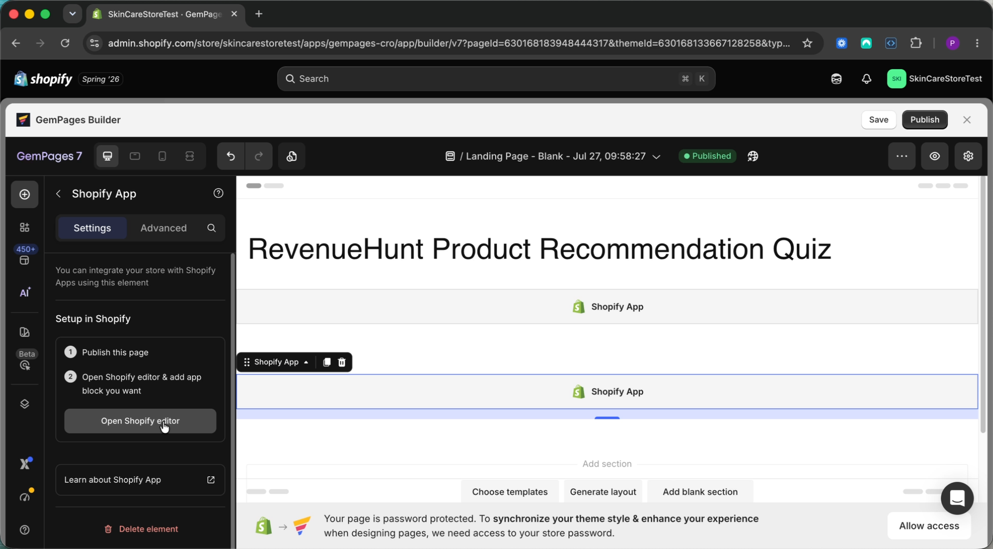Open the Shopify editor from GemPages