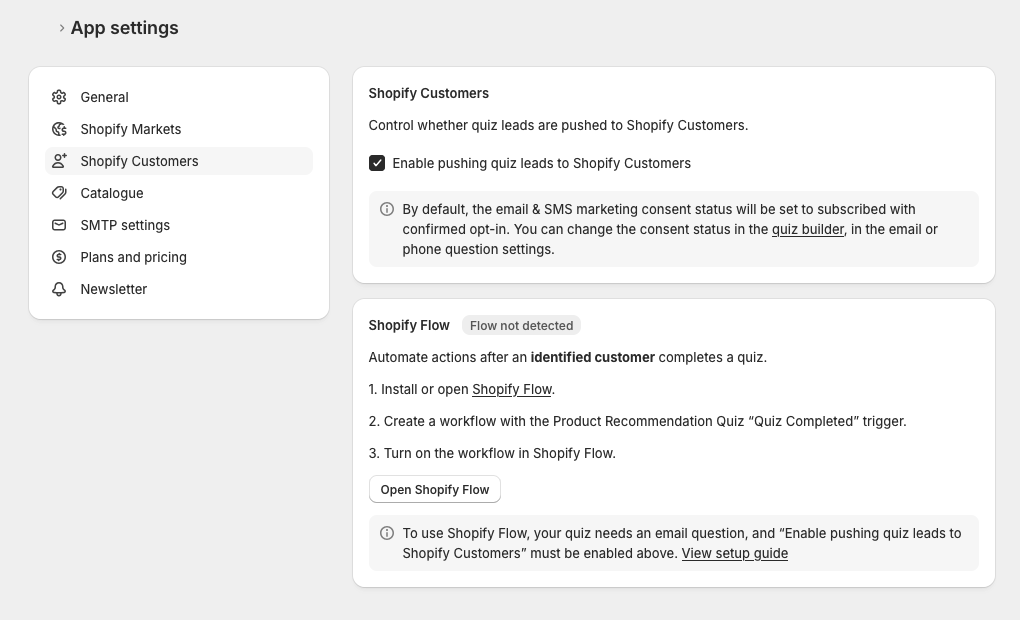 Shopify Flow section in RevenueHunt App Settings, showing the Flow not detected status and setup steps