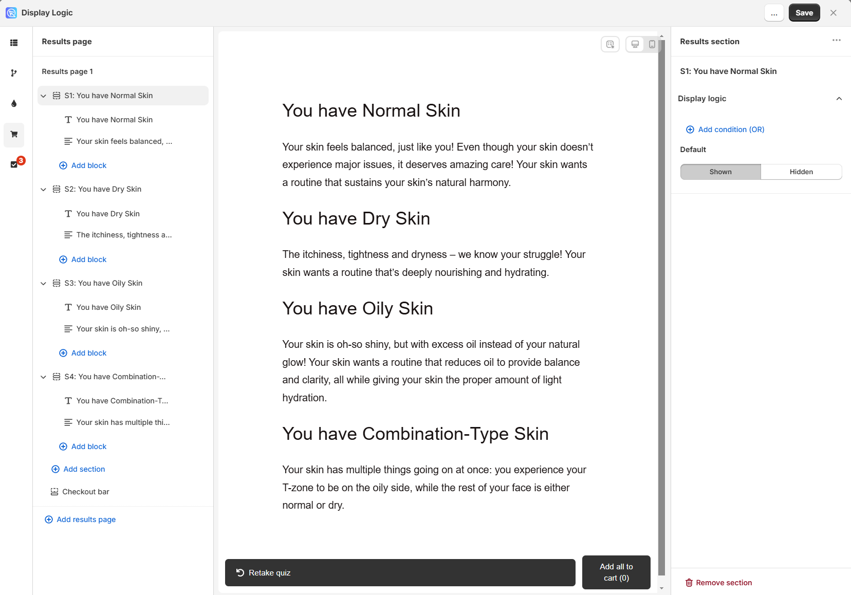 how to hide content with logic shopifyv2 display logic sections