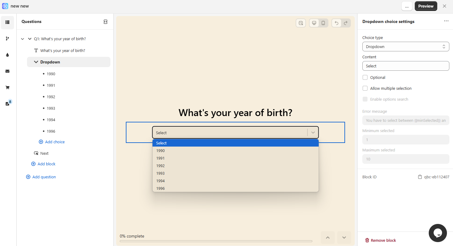 use dropdown question to ask year of birth