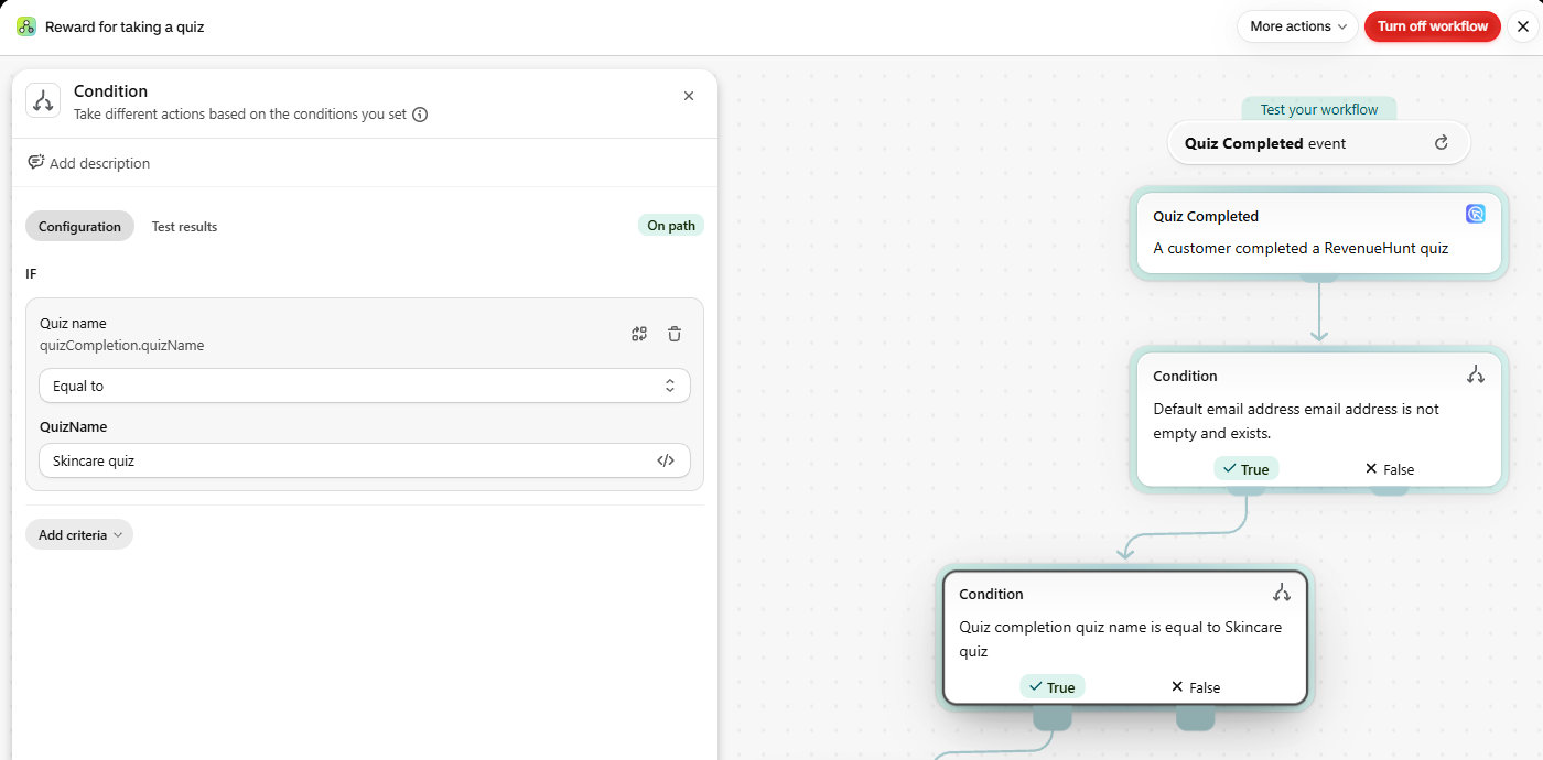 Shopify Flow condition on quizCompletion.quizName set to Equal to Skincare quiz, added on the True branch of the email condition