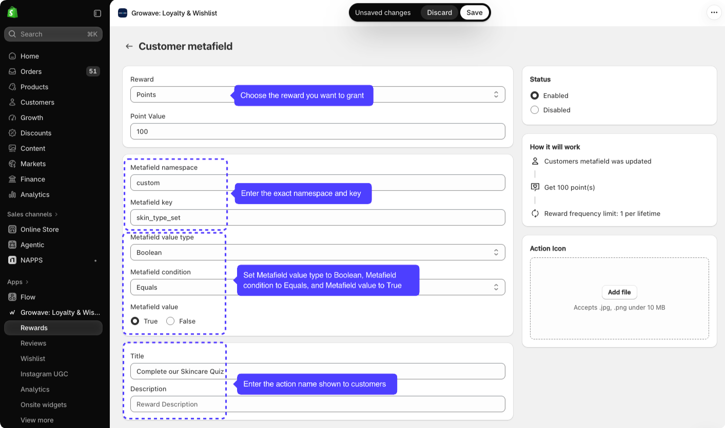 Growave Customer metafield earning rule with 100 points, namespace custom, key skin_type_set, value type Boolean, condition Equals, value True, and the title Complete our Skincare Quiz