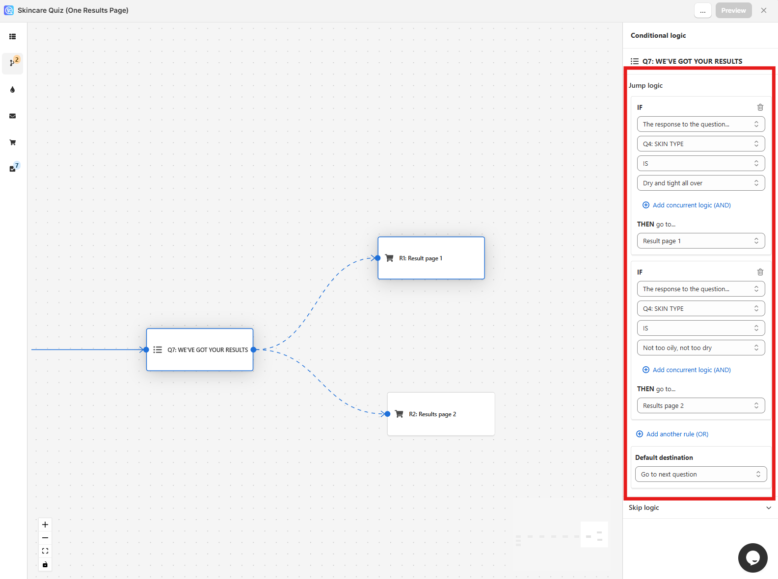 how to set up jump logic for results pages