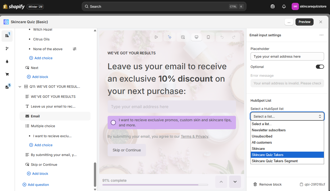 how to hubspot shopify list selection