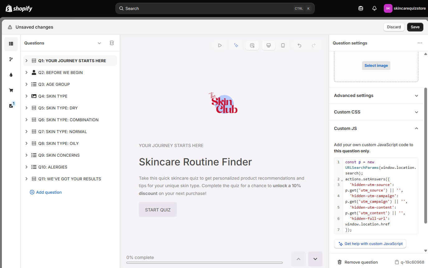 how to add custom js to capture utm parameters in the quiz