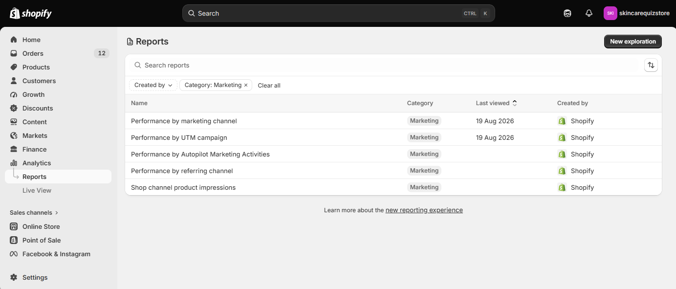 how to find the shopify marketing reports for utm campaigns