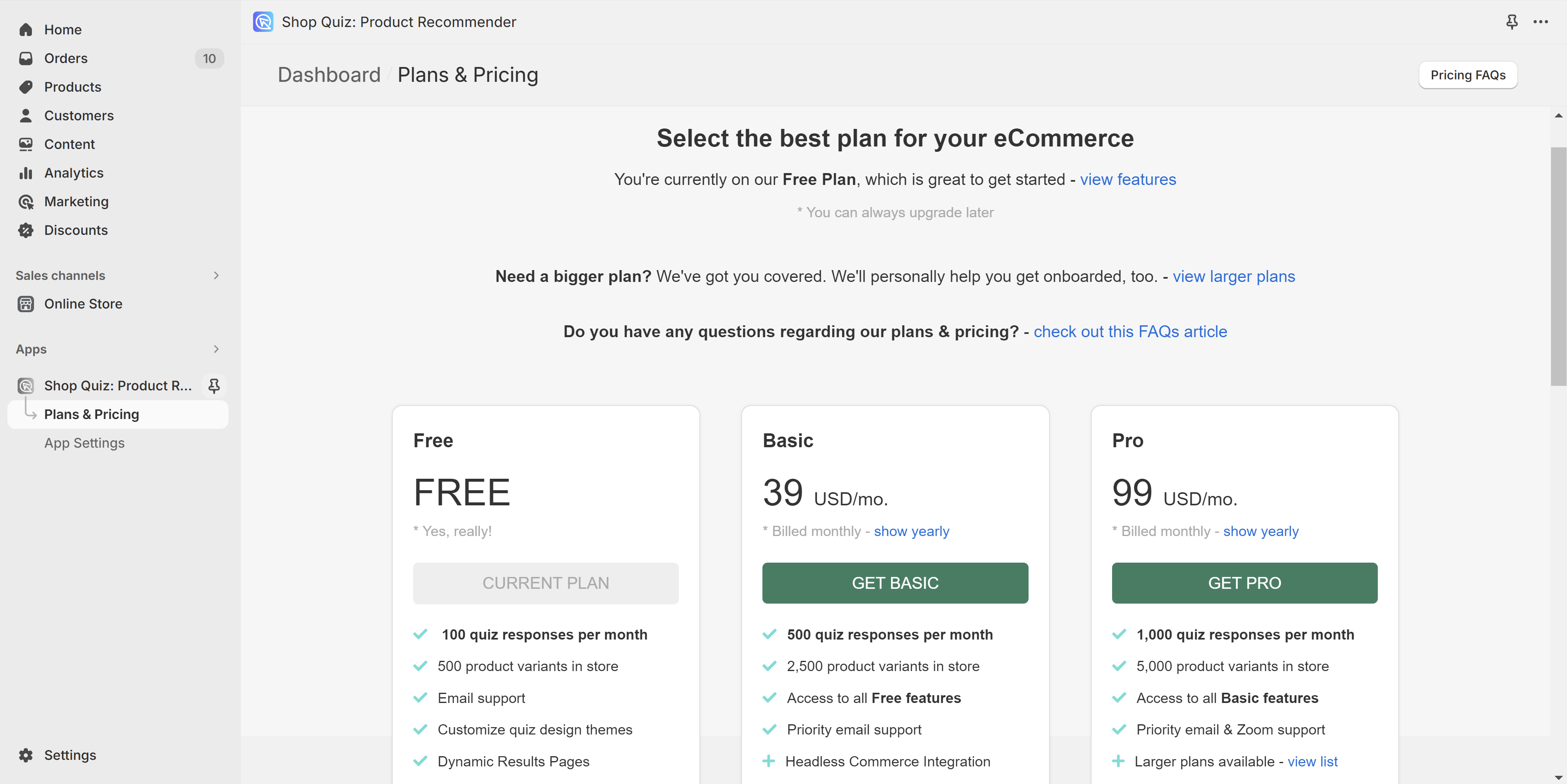 plans & pricing page