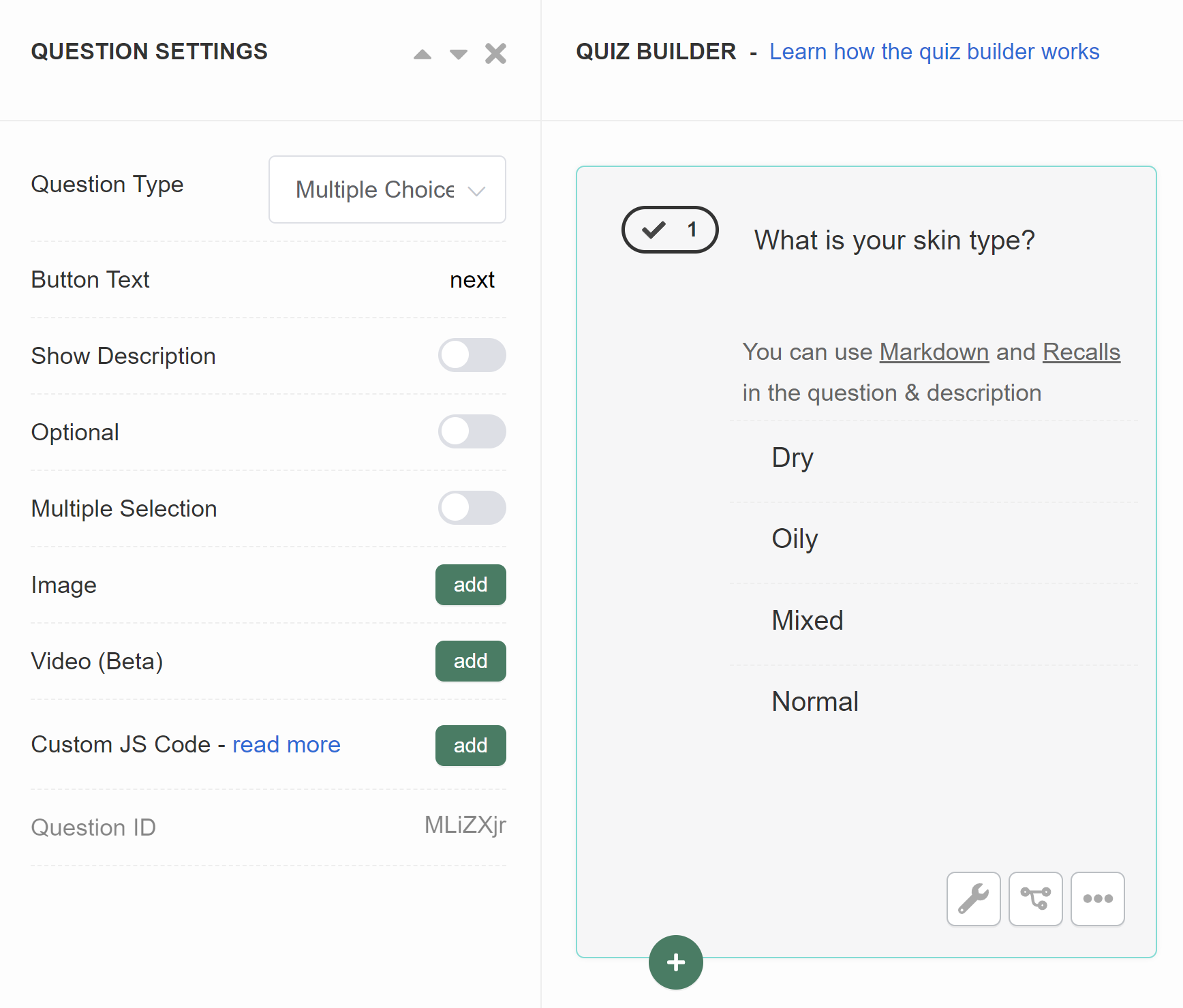 quiz builder question settings side menu