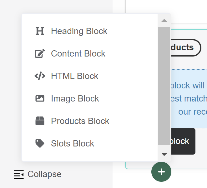 quiz builder results page add block menu