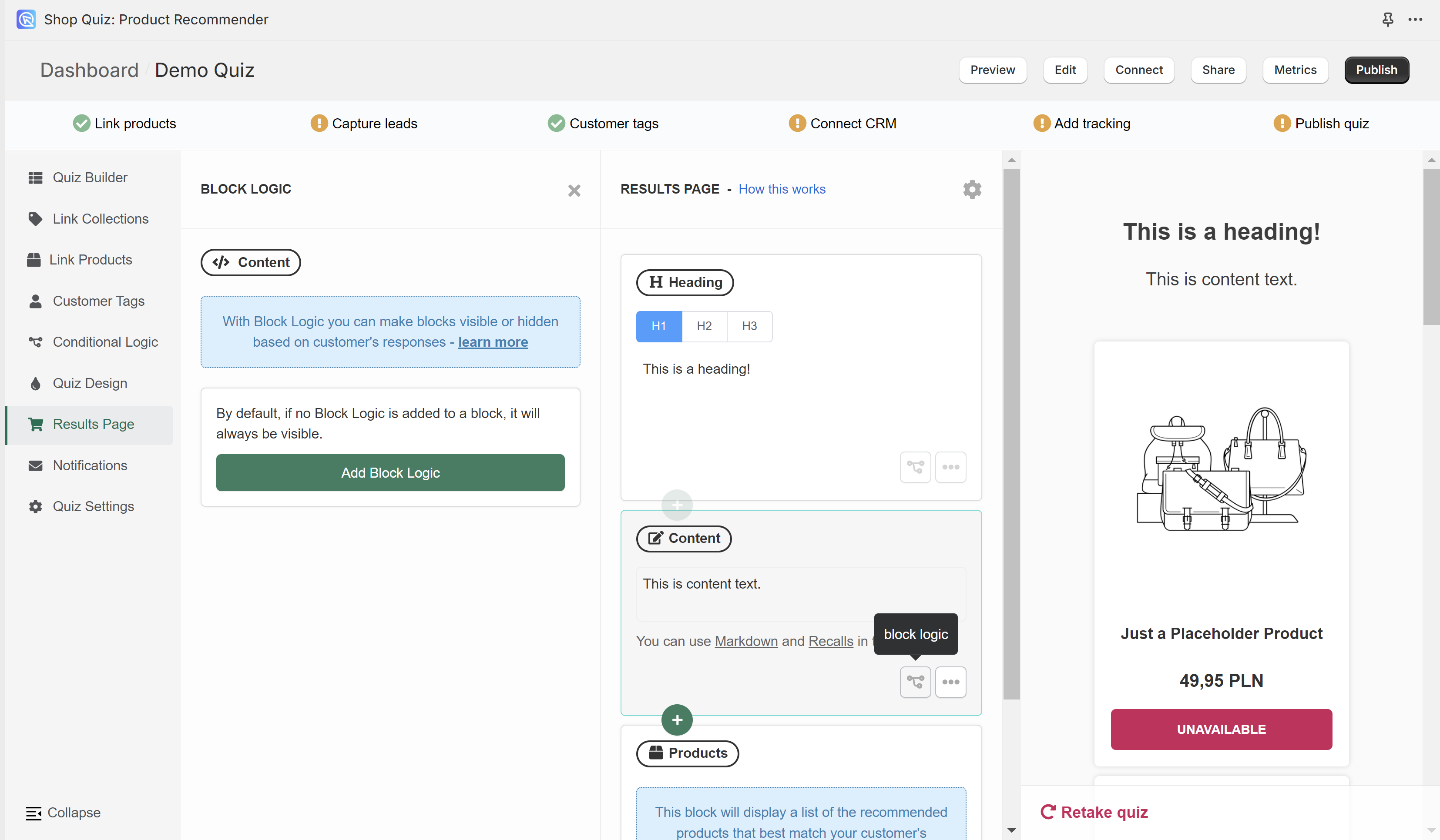 quiz builder results page display logic