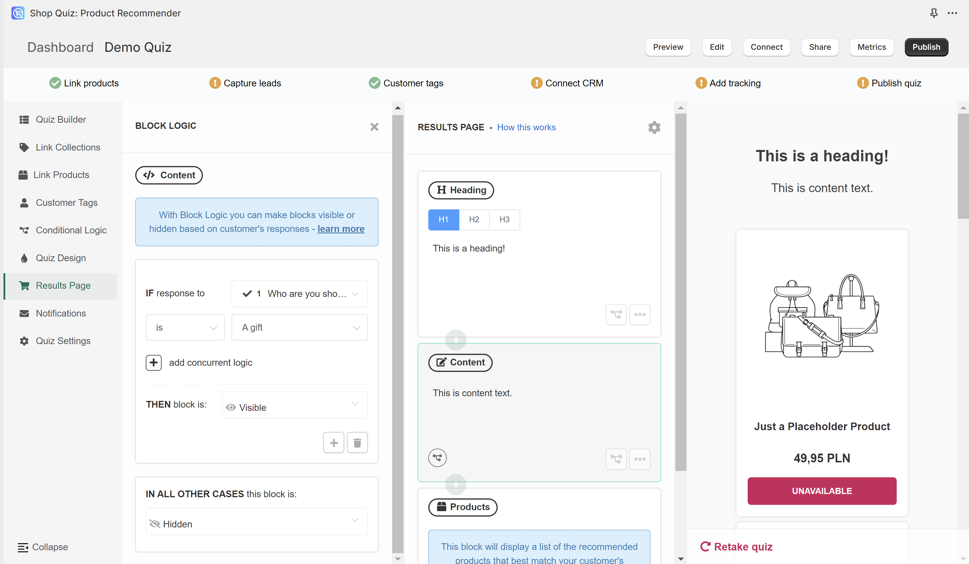 quiz builder results page display logic example