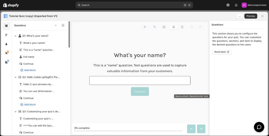 Imported quiz open in the Built for Shopify Quiz Builder