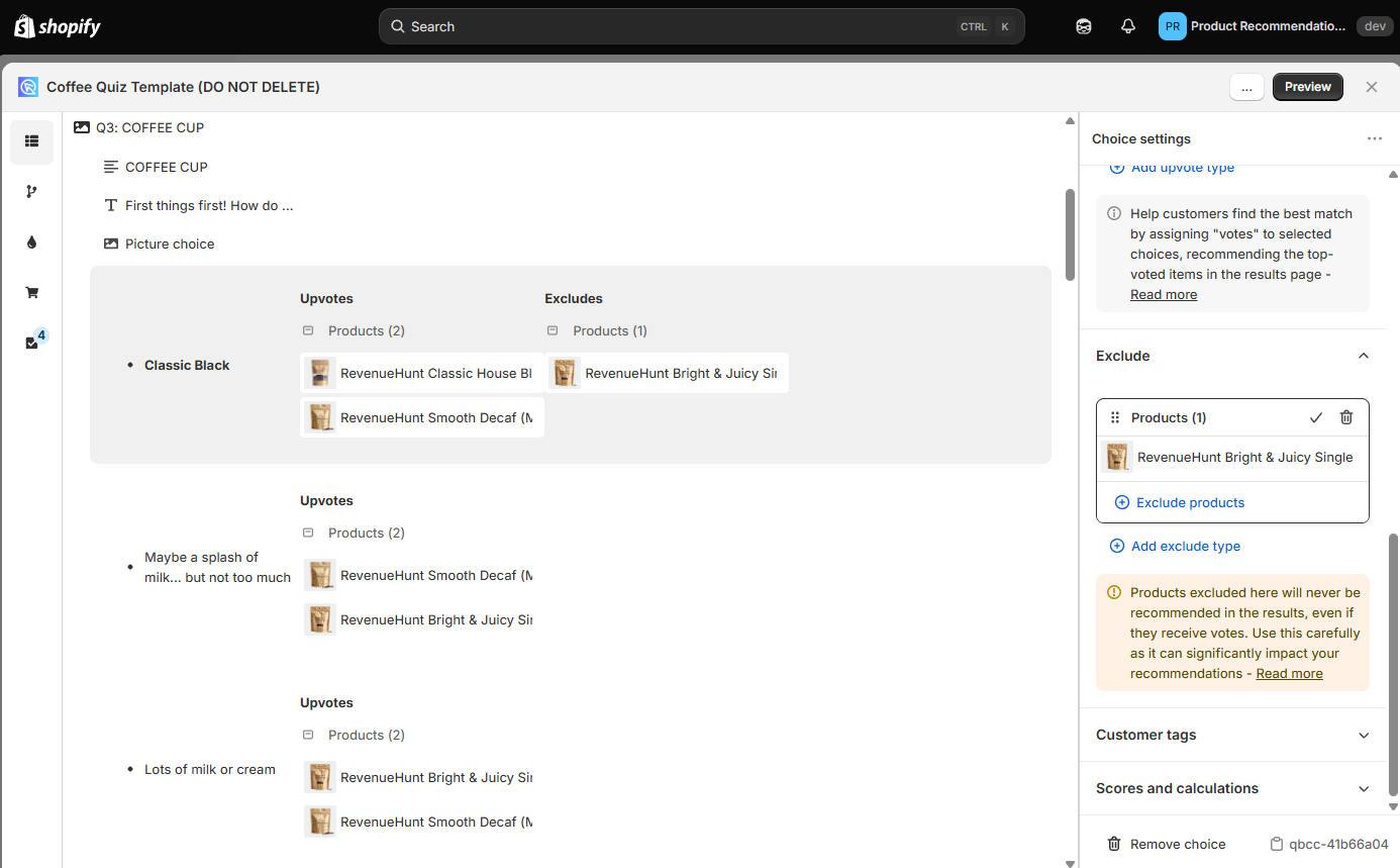 The Exclude section of the Choice settings