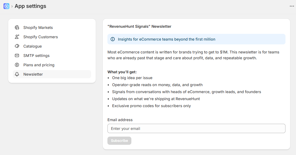 app settings newsletter